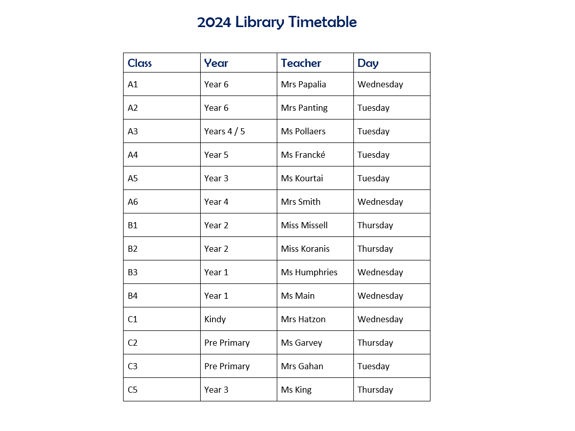 2024 Library Timetable